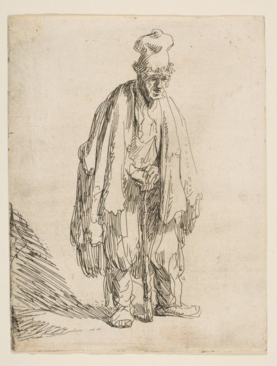 Bettler mit hoher Mütze, stehend und auf einen Stock gestützt, ca. 1629 von Rembrandt van Rijn