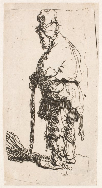 Bettler, der sich auf einen Stock stützt, nach links blickend von Rembrandt van Rijn