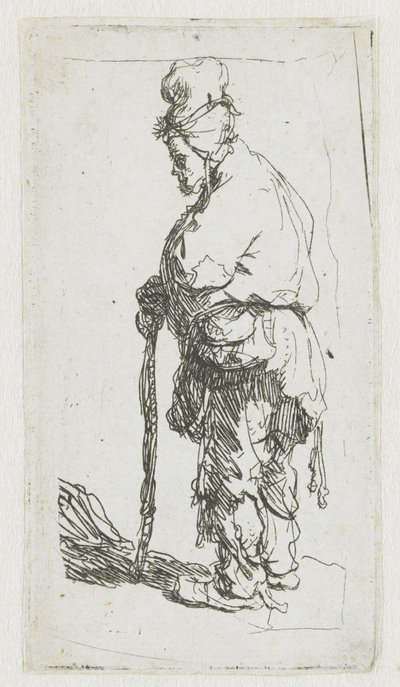 Bettler, der sich auf einen Stock stützt, nach links gewandt von Rembrandt van Rijn