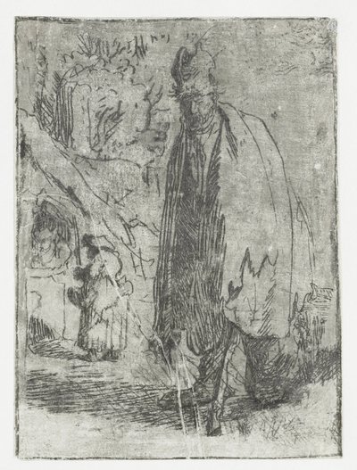 Bettler mit Hütte und zwei Figuren im Hintergrund von Rembrandt van Rijn