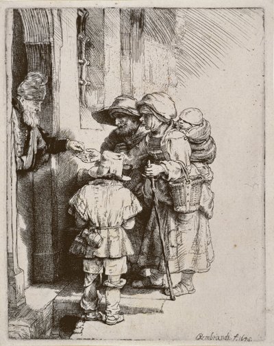 Bettler, die Almosen an der Tür eines Hauses empfangen, 1648 von Rembrandt van Rijn