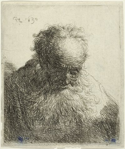 Büste eines alten Mannes mit fließendem Bart: Der Kopf nach vorne geneigt: Linke Schulter unbeschattet von Rembrandt van Rijn