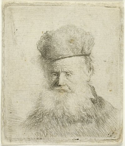 Büste eines alten Mannes mit Pelzmütze und fließendem Bart, fast im Vollgesicht von Rembrandt van Rijn