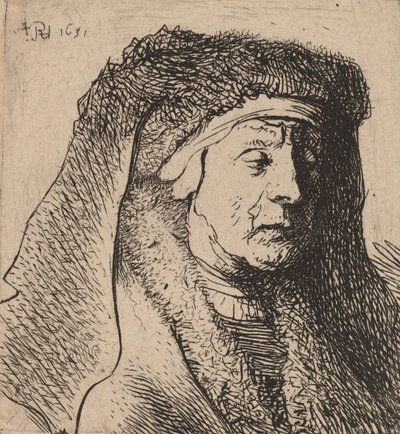 Büste einer alten Frau in einem Pelzmantel und schwerem Kopfschmuck von Rembrandt van Rijn
