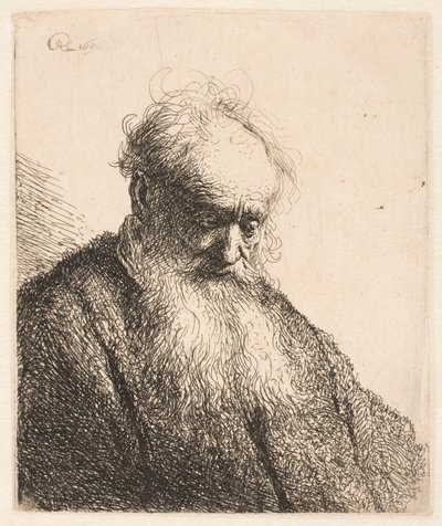 Büste eines alten Mannes mit fließendem Bart: der Kopf dreiviertel nach rechts geneigt von Rembrandt van Rijn