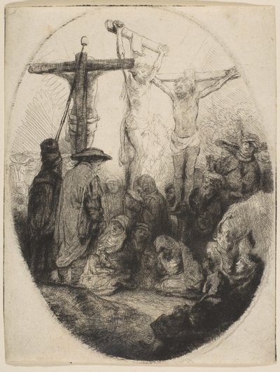 Christus gekreuzigt zwischen zwei Dieben, ovale Platte, ca. 1641 von Rembrandt van Rijn