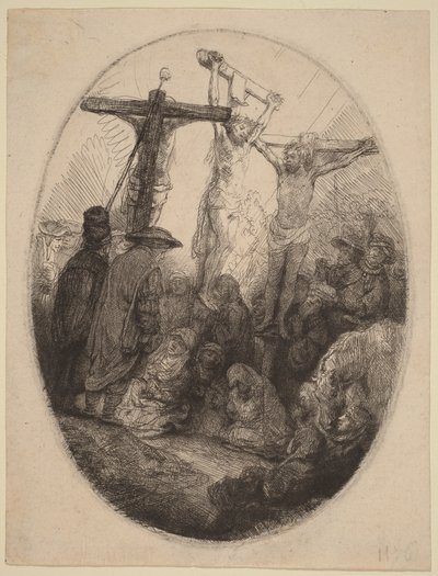 Christus am Kreuz zwischen den beiden Dieben: ein ovales Bild von Rembrandt van Rijn