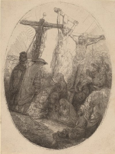 Christus gekreuzigt zwischen den beiden Dieben: eine ovale Platte, ca. 1641 von Rembrandt van Rijn