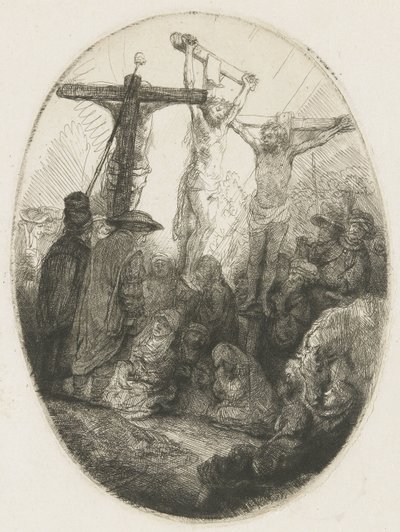Christus zwischen den beiden Dieben gekreuzigt: eine ovale Platte von Rembrandt van Rijn