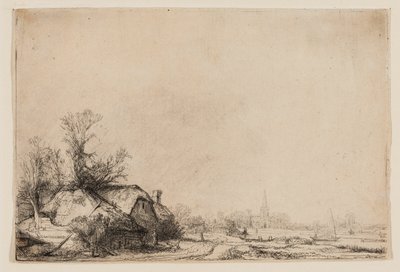 Hütte neben einem Kanal mit Blick auf Ouderkerk von Rembrandt van Rijn