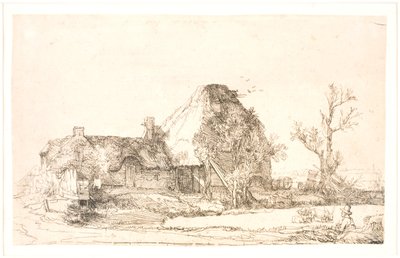 Hütte und Bauerngebäude mit einem zeichnenden Mann von Rembrandt van Rijn