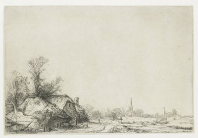 Hütte neben einem Kanal mit Blick auf Ouderkerk von Rembrandt van Rijn