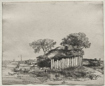 Hütte mit weißem Zaun von Rembrandt van Rijn