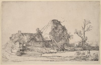 Hütten und Bauerngebäude mit einem Mann, der skizziert von Rembrandt van Rijn