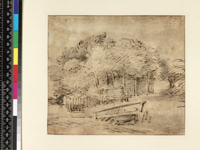 Bauernhaus unter Bäumen, mit einer Fußgängerbrücke, ca. 1650 von Rembrandt van Rijn