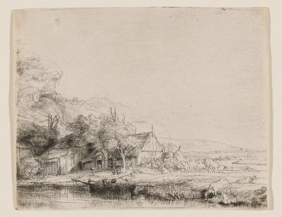 Landschaft mit einer Kuh, die trinkt von Rembrandt van Rijn