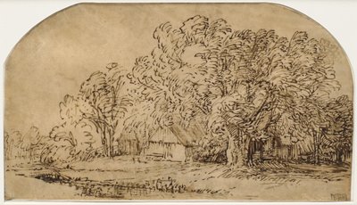 Landschaft mit Hütten unter hohen Bäumen ("Der Windstoß") von Rembrandt van Rijn
