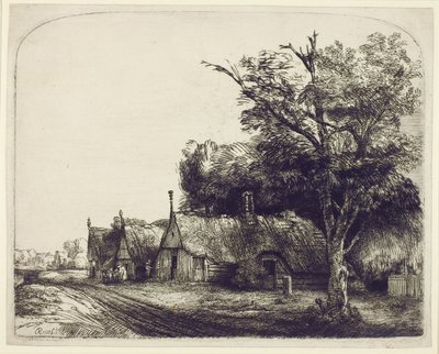 Landschaft mit Giebelhäusern an einer Straße, 1650 von Rembrandt van Rijn