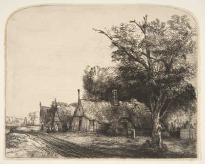 Landschaft mit drei Giebelhäusern an einer Straße, 1650 von Rembrandt van Rijn