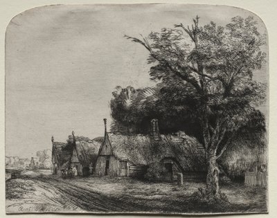 Landschaft mit drei giebelständigen Häusern an einer Straße von Rembrandt van Rijn