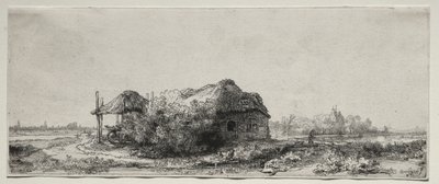 Landschaft mit einem Cottage und Heuscheune: Querformat von Rembrandt van Rijn