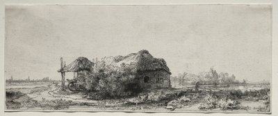 Landschaft mit einem Cottage und Heuscheune: Querformat, 1641 von Rembrandt van Rijn