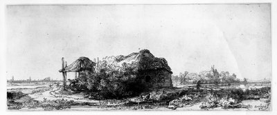 Landschaft mit einem Cottage und Heuscheune von Rembrandt van Rijn