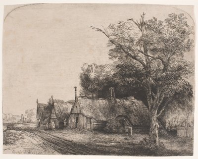 Landschaft mit drei giebelständigen Häusern an einer Straße von Rembrandt van Rijn