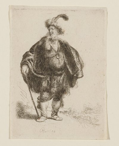 Stehender Mann in orientalischem Kostüm und Federfellmütze von Rembrandt van Rijn