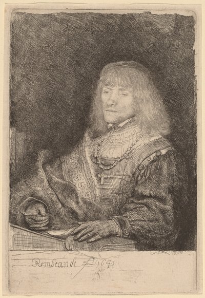 Mann an einem Schreibtisch mit Kreuz und Kette von Rembrandt van Rijn