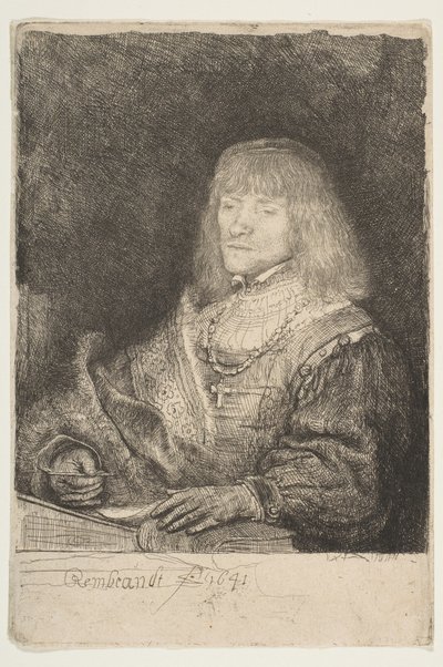 Mann an einem Schreibtisch mit Kreuz und Kette von Rembrandt van Rijn