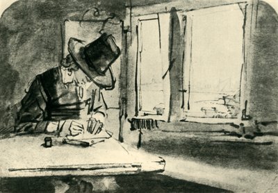 Mann, der am Fenster zeichnet, Mitte des 17. Jahrhunderts, 1943 von Rembrandt van Rijn