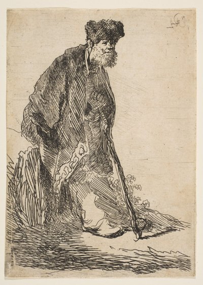 Mann in einem Mantel und Pelzmütze, der sich an eine Böschung lehnt von Rembrandt van Rijn