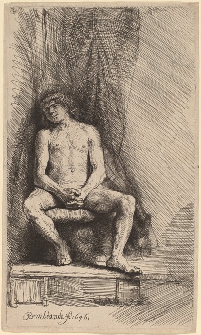 Nackter Mann sitzend vor einem Vorhang von Rembrandt van Rijn
