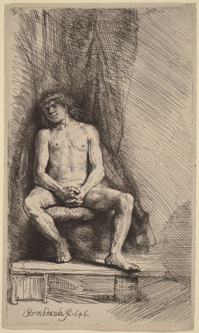 Nackter Mann vor einem Vorhang sitzend von Rembrandt van Rijn