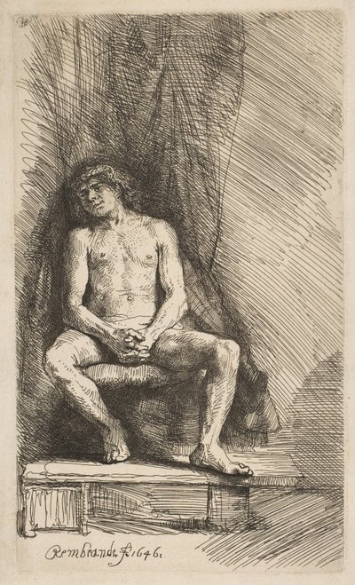 Nackter Mann vor einem Vorhang sitzend, 1646 von Rembrandt van Rijn