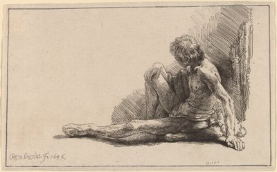 Nackter Mann sitzend auf dem Boden mit einem ausgestreckten Bein von Rembrandt van Rijn