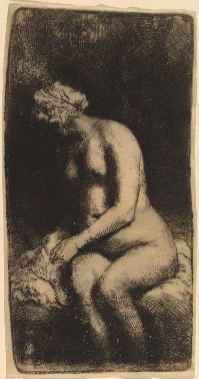 Nackte auf einer Bank mit einem Kissen (Frau badet ihre Füße an einem Bach) von Rembrandt van Rijn