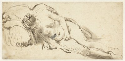 Nackte Frau, die auf einem Kissen liegt von Rembrandt van Rijn