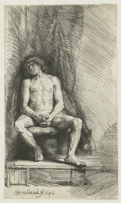 Nackter junger Mann, vor einem Vorhang sitzend von Rembrandt van Rijn
