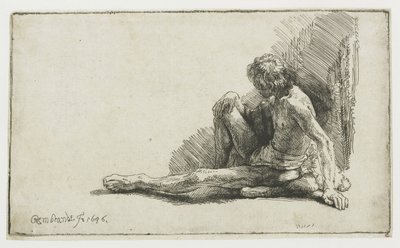 Nackter Mann, der auf dem Boden sitzt, mit einem ausgestreckten Bein von Rembrandt van Rijn