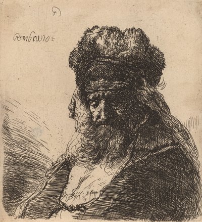 Alter bärtiger Mann mit geschlossenen Augen in einer hohen Pelzmütze, ca. 1635 von Rembrandt van Rijn