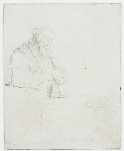 Alter Mann in Meditation, auf ein Buch gelehnt von Rembrandt van Rijn