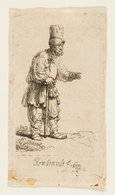 Bauer mit hoher Mütze, stehend und auf einen Stock gelehnt von Rembrandt van Rijn