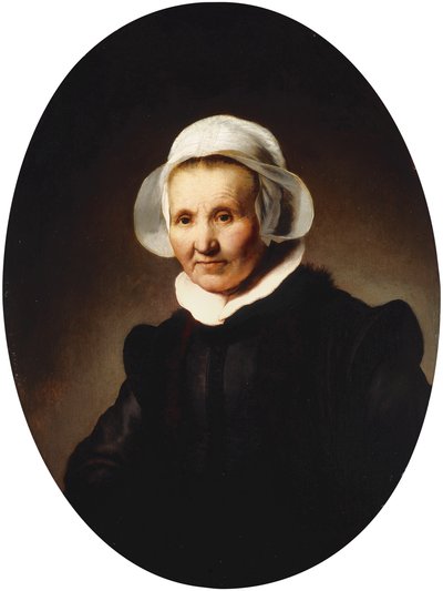 Porträt einer Dame, 62 Jahre alt, vielleicht Aeltje Pietersdr. Uylenburgh, Ehefrau von Johannes Cornelisz. Sylvius, Halbfigur in schwarzem Kostüm, 1632 von Rembrandt van Rijn