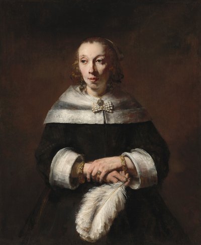 Porträt einer Dame mit einem Straußenfederfächer von Rembrandt van Rijn