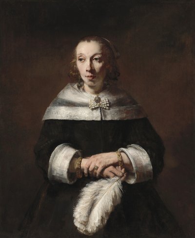 Porträt einer Frau mit einem Straußenfederfächer von Rembrandt van Rijn