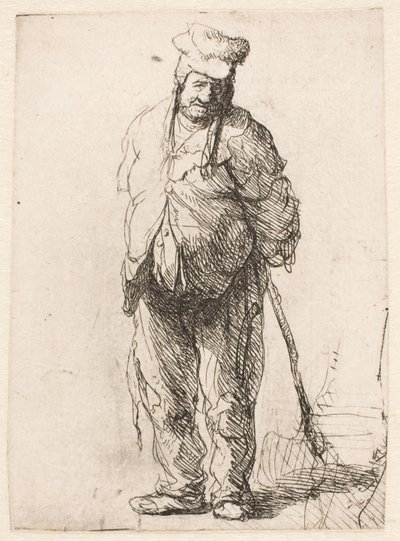 Zerlumpter Bauer mit hinter dem Rücken gehaltenem Stock von Rembrandt van Rijn