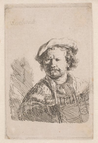 Rembrandt mit flacher Mütze und einem Schal um die Schultern von Rembrandt van Rijn