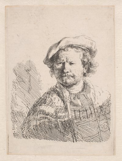 Rembrandt mit einer flachen Mütze und einem Schal um die Schultern von Rembrandt van Rijn